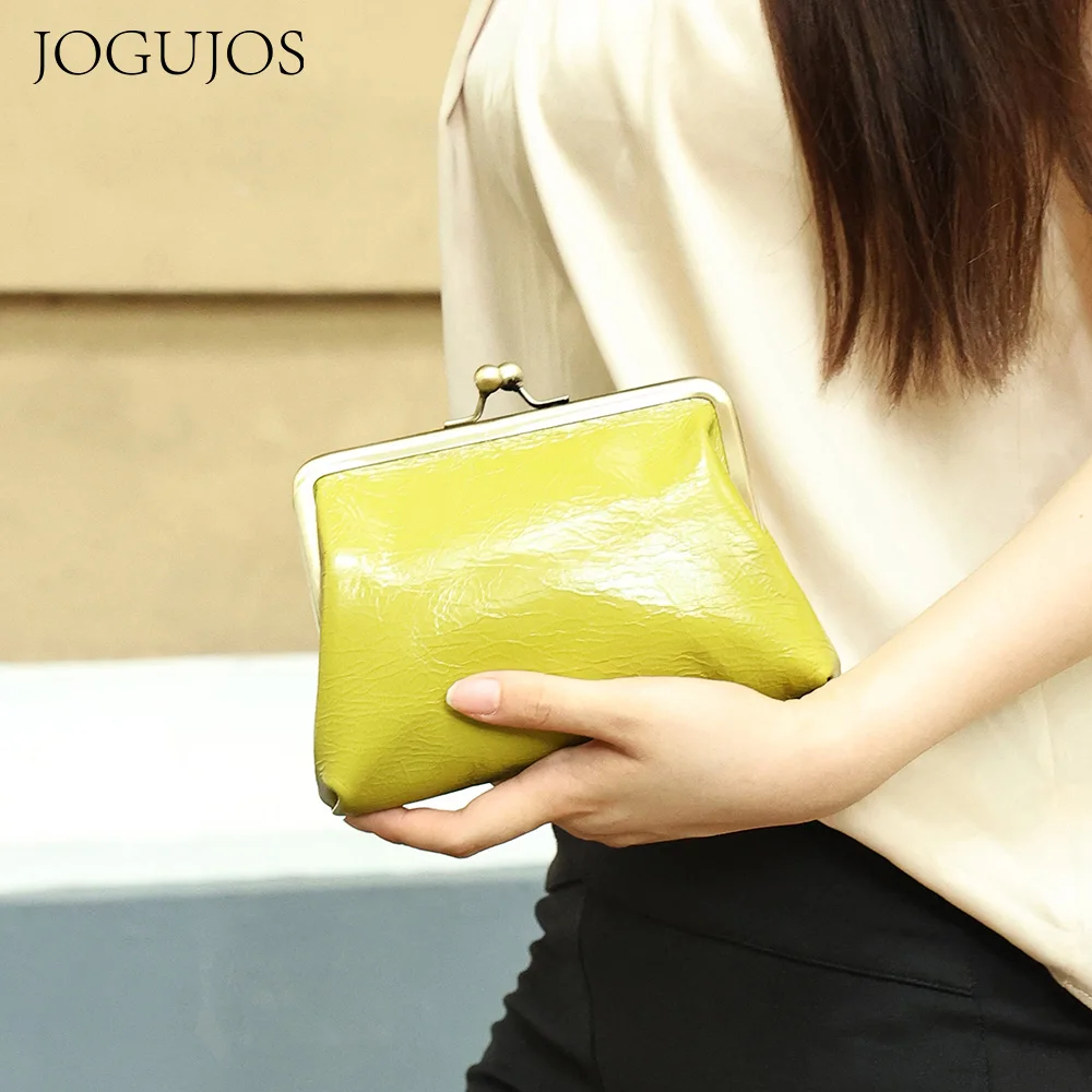 JOGUJOS Genuine Cowhide Leather Cosmetic Bag Fashion Ladies Elegant Clutch Bag Portable Small Bag Lipstick Makeup Bag for Women