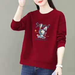 Odzież damska Pullover Letter Cartoon Printing Lantern Long Sleeve Round Neck T-shirt Casual Loose All-match Stylowe topy