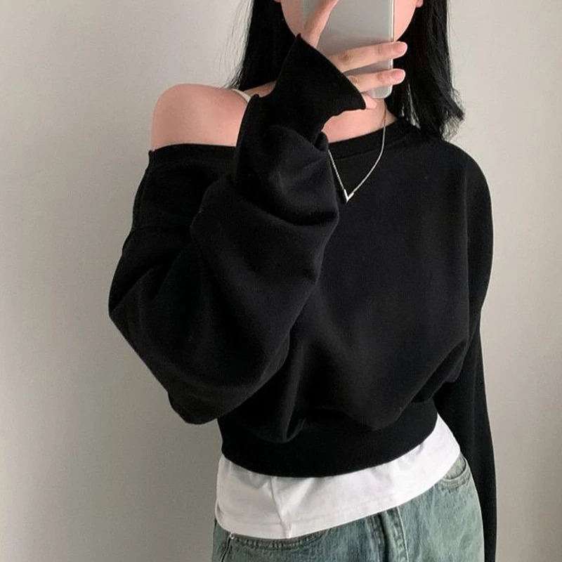 1PCS Women's Sweatshirts Loose Streetwear Off-shoulder Hoodie Casual Cropped Sweatshirt Simple Cropped Sweatshirt Female Clothes