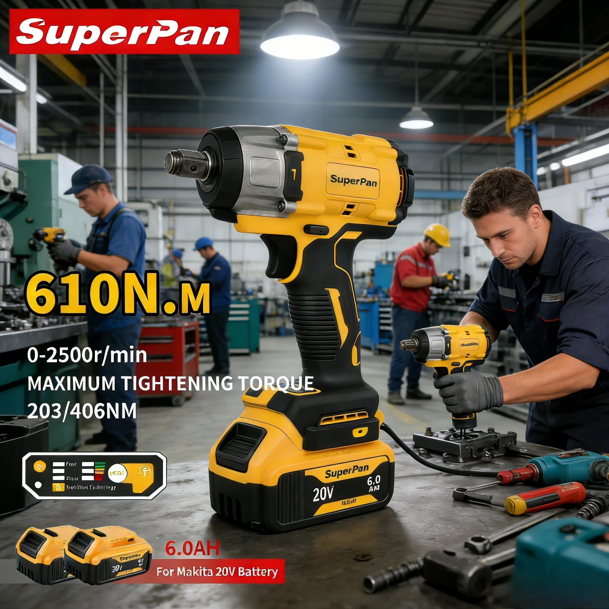 

Бесщеточный ударный гайковерт SuperPan с эргономичной рукояткой, защитой от перегрузки, для замены шин, 20В, 610Нм, привод 1/2 дюйма, для Dewalt