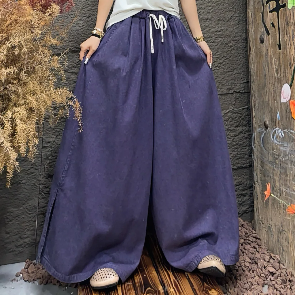 SuperAen Spring 2026 New Simple Vintage Solid Color Patchwork Wide Leg Pants for Women Loose High-Waisted Lace-Up Denim Pants