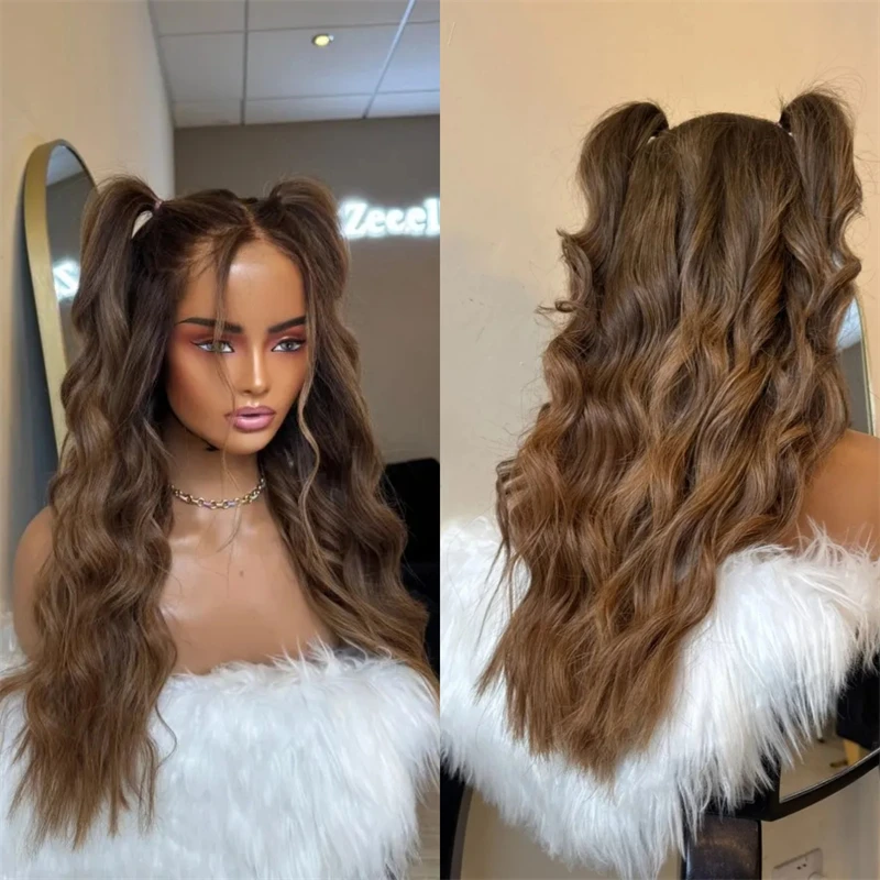 30 بوصة شعر مستعار طويل موجة 13x4 أومبير الكستناء البني يسلط الضوء على Balayage الاصطناعية HD الدانتيل الجبهة الباروكات غطاء متوسط الحجم جاهزة للشحن
