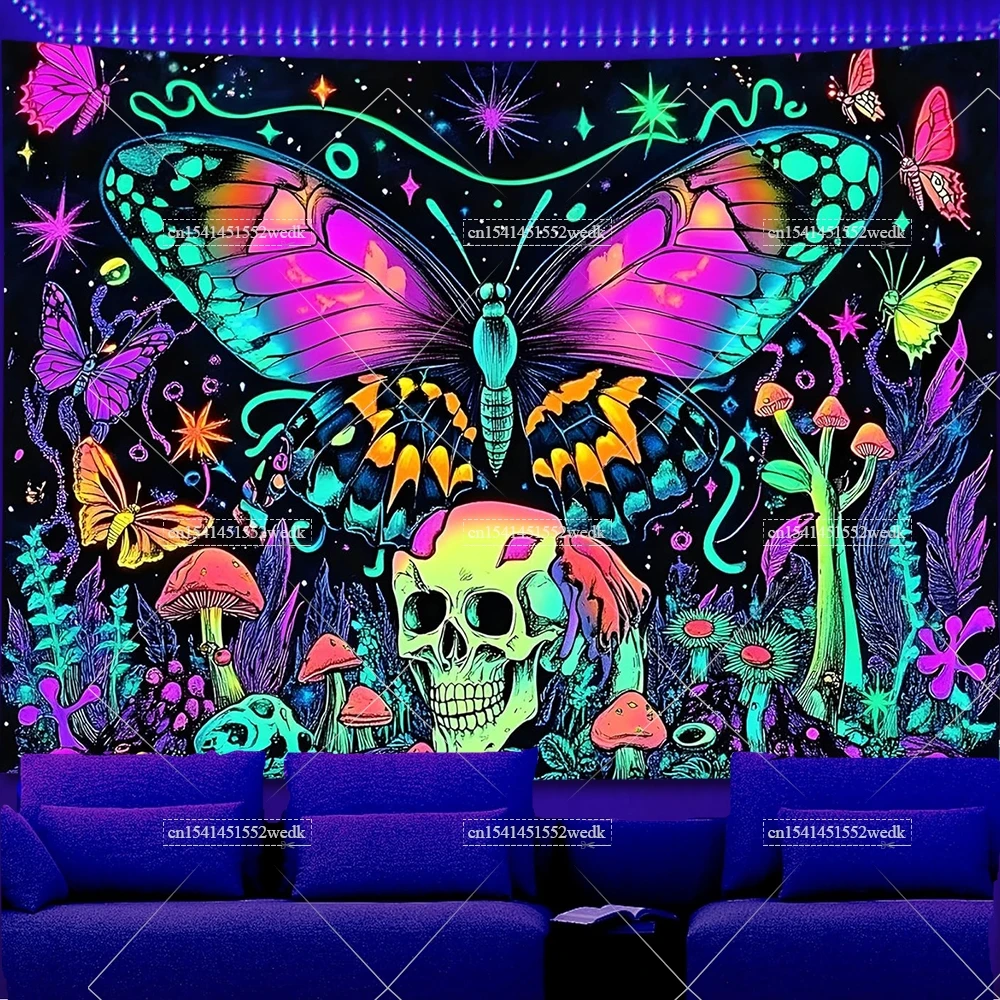 

Butterfly Skeleton Blacklight Tapestry UV Reactive Flowers Mushroom Fluorescent Tapestrys Glow In Dark Landscape Tapestries Neon