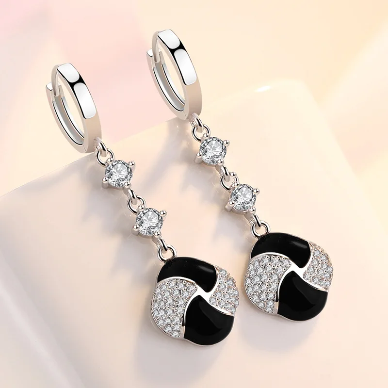 KOFSAC Zircon Windmill Earrings New Small Black Whirlwind Earrings Retro 925 Sterling Silver Jewelry Women Party Accessories