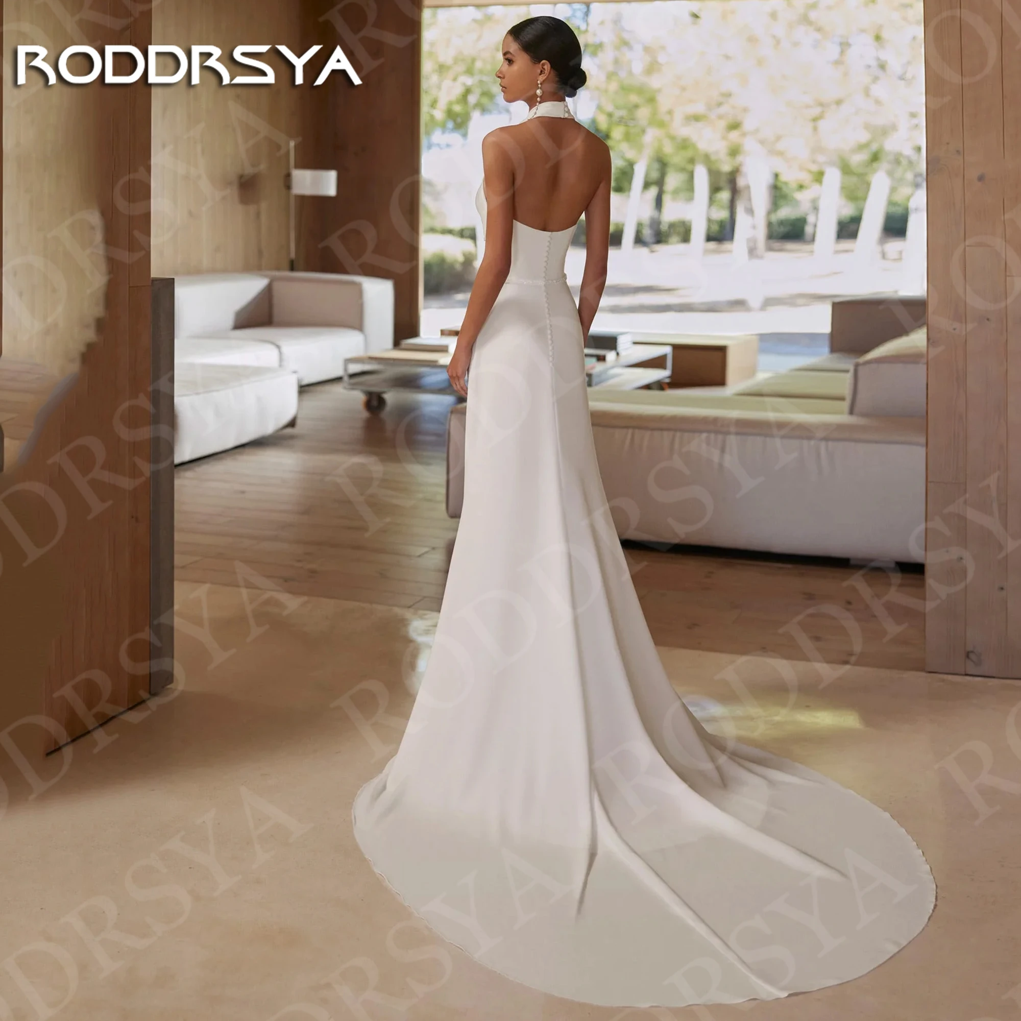 RODDRSYA Customized Simple Halter Wedding Dresses Women Boho Chiffon Sleeveless Mermaid Bridal Gown with Shawl Open Back Ivory