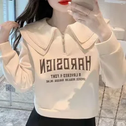 Sweet Peter Pan Collar Zipper Letter Sweatshirts Female Clothing 2023 Autumn New Oversized Casual Pullovers All-match Sweatshirt