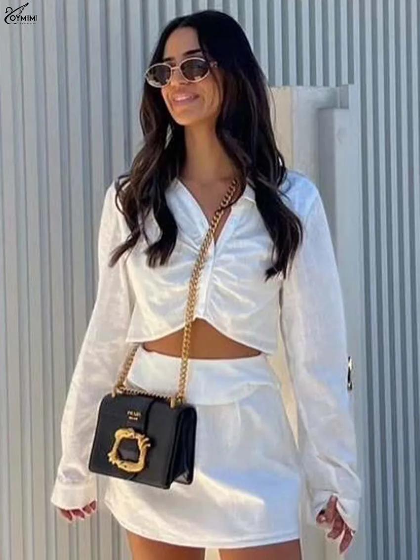 

Oymimi Elegant White Cotton 2 Pieces Set For Woman Fashion V-Neck Long Sleeve Button Crop Shirts And High Waist Mini Skirts Sets