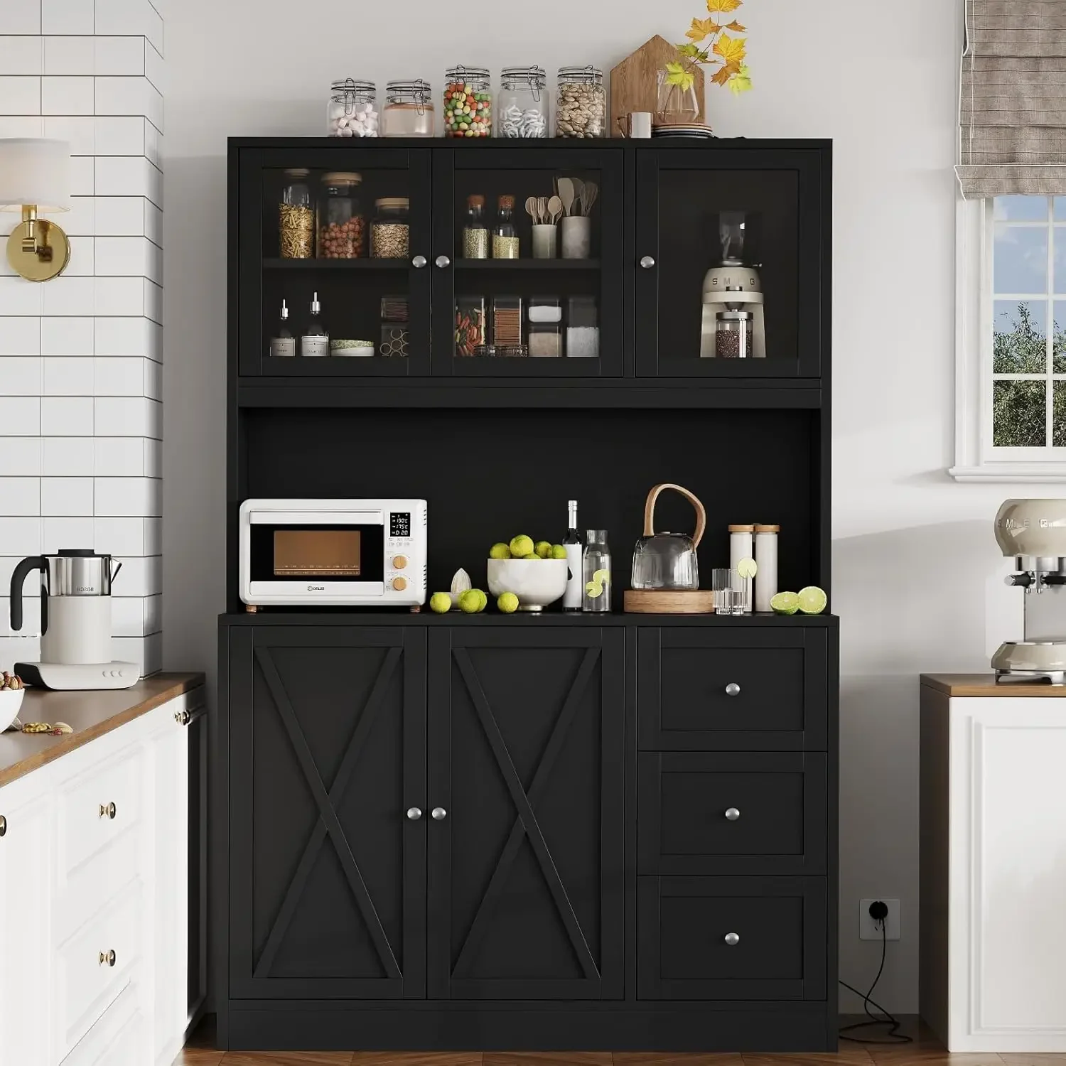 70.9'' Kitchen Pantry Cabinet, Kitchen Hutch with Microwave Stand & Charging Station, Farmhouse Tall Storage Cabinet wit