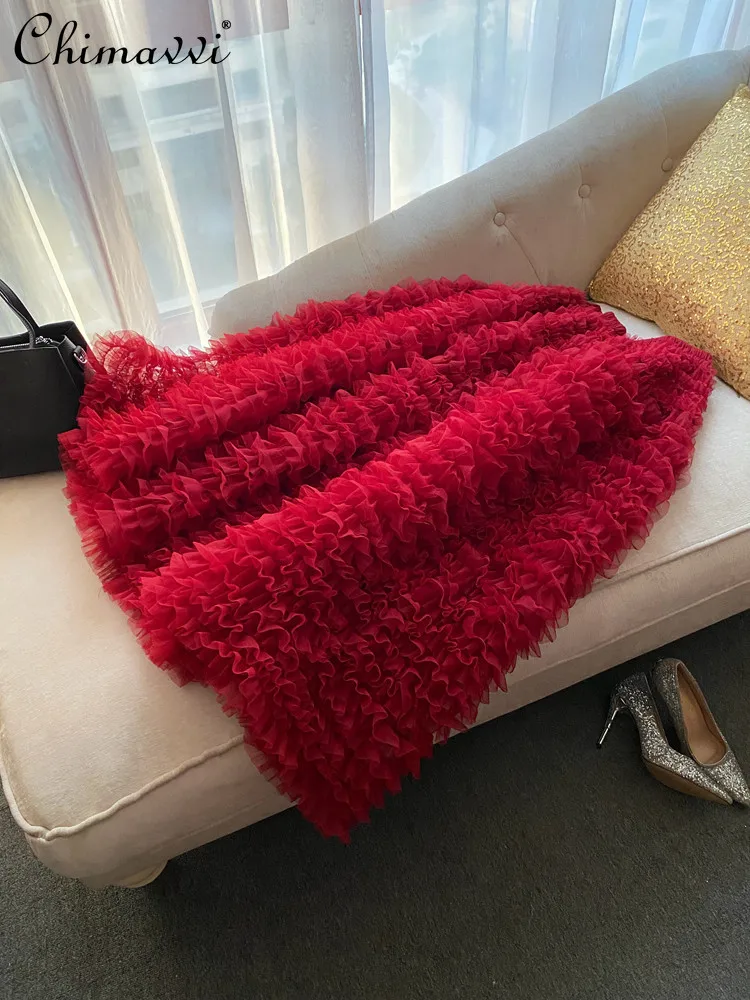 

French Elegant Fairy Style Elastic High Waist A-line Ruffled Mesh Puffy Long Skirt Fashion Casual Versatile Black Skirts Women