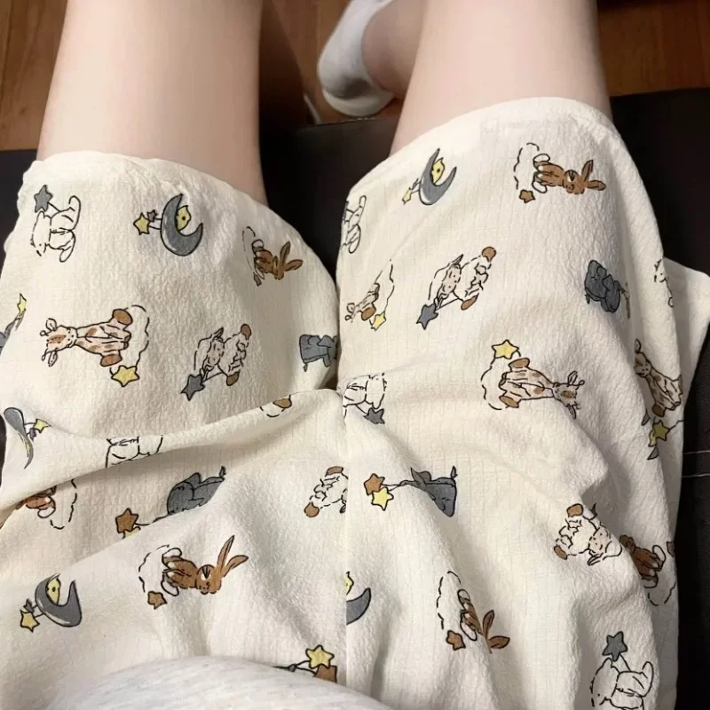 Cute Cartoon Print Summer Sleep Pants Women Sleep Bottoms High Waist Sweatpants Thin Shorts Floral Wide Leg Pants Loungewear