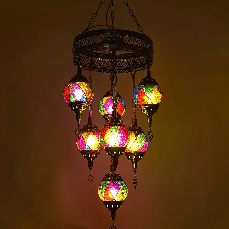 

Chandeliers E27 Colorful Handmade Glass Lampshade Industrial Suspension 1/7 Heads Pendant Lamp Ceiling Lights Living Room