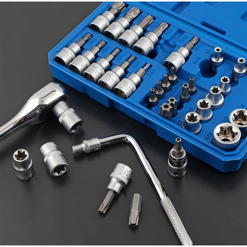 34Pcs Socket Wrench Tool Set E Type Torx Hex Bits Chrome Vanadium Auto Vehicle Repair Hand Tools Portable Car Mechanic Kit Set