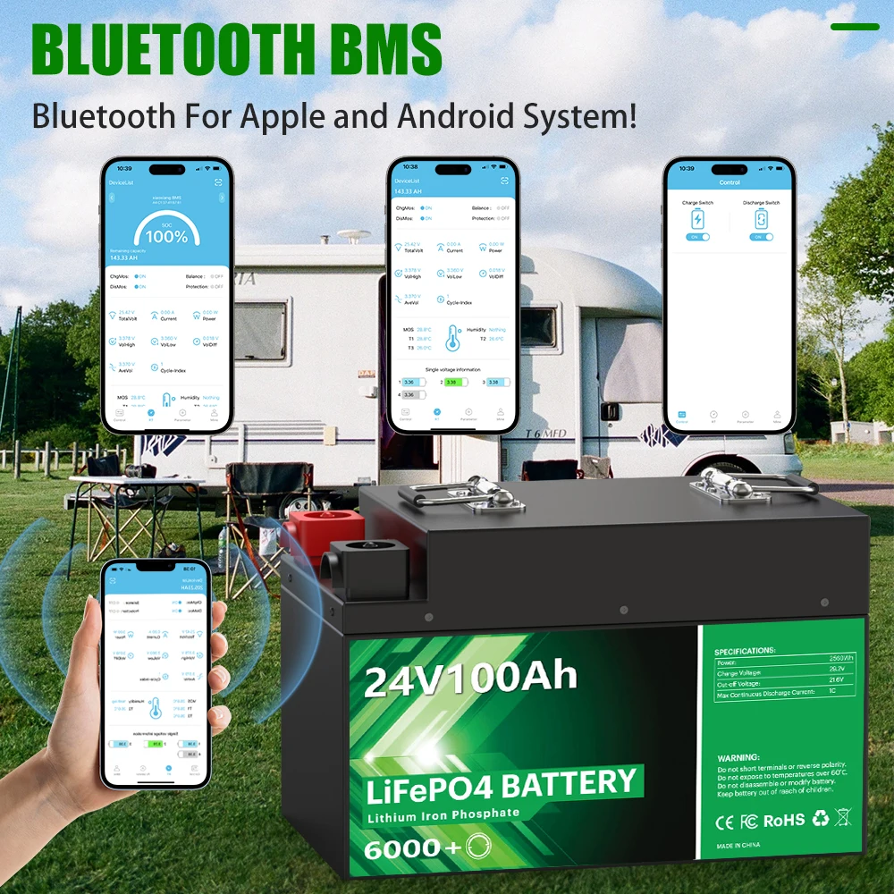 24V 100Ah LiFePO4 Battery 2560Wh Bluetooth 8S 100A BMS 6000 Cycle 12V 100Ah 200Ah Solar Energy Lithium Battery Pack EU UA NO TAX