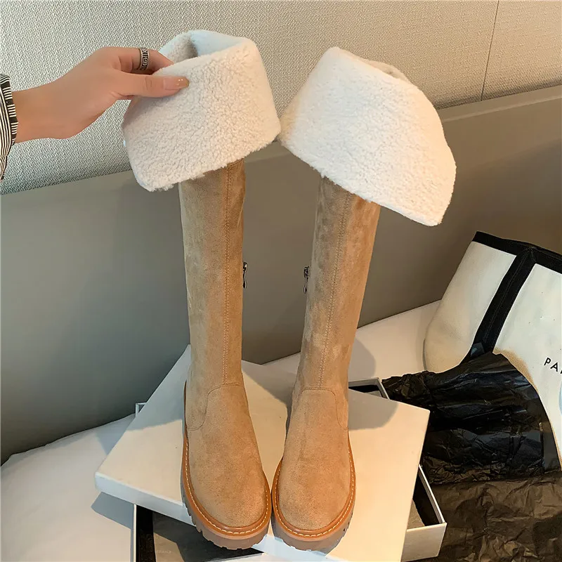 Fashionable Elegant Wool Knee Length Boots Comfortable Warm Cow Reversed Fleece Slim Fit Knight Boots Zapatos Mujer Envío Gratis