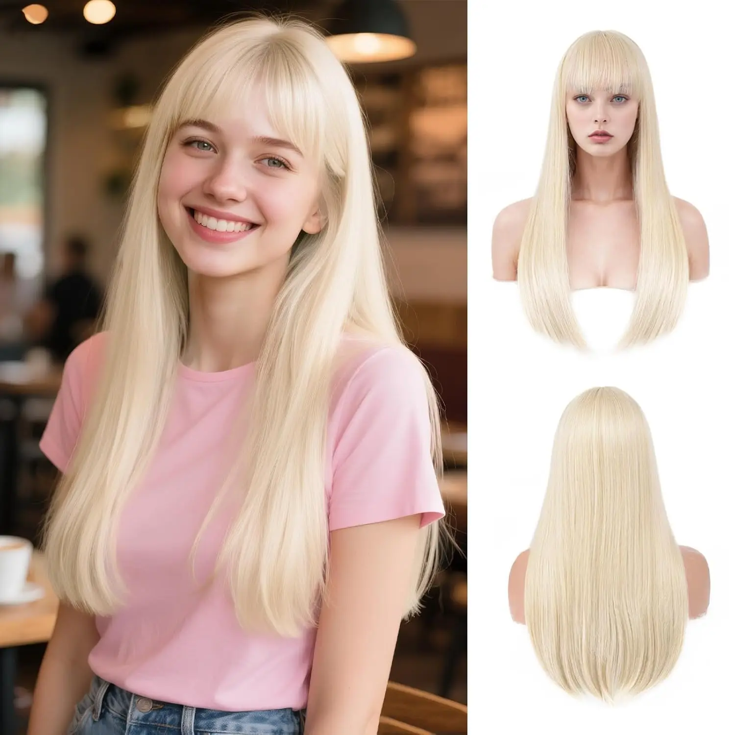 

Women's Long Straight Blonde Wig with Bangs, Gray Heat-Resistant Synthetic Natural Hair Wig, Colored Cosplay Wig for Parties, Halloween, and Everyday Use