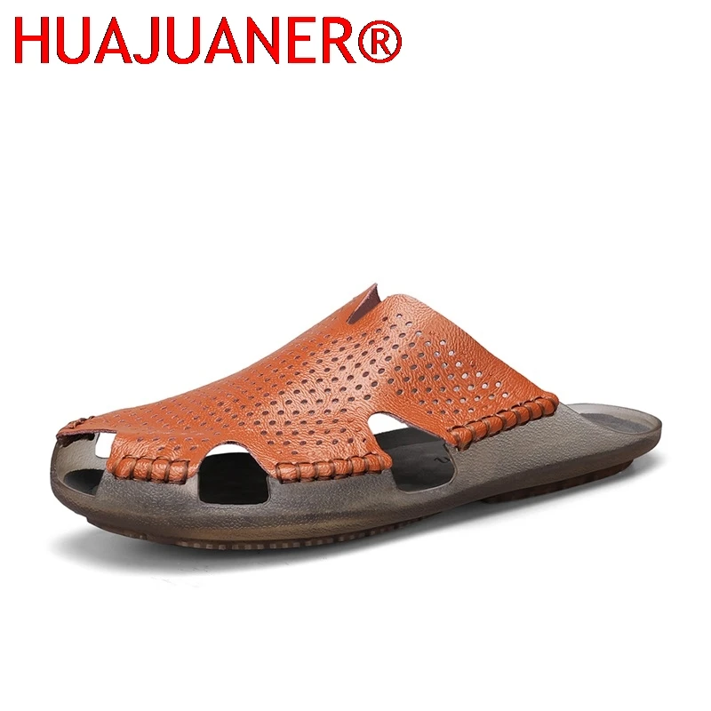 

New Arrival Men's Leather Slippers Non-Slip Sole Comfortable Summer Shoes Breathable Male Half Drag Stylish Leisure Walk Sandals