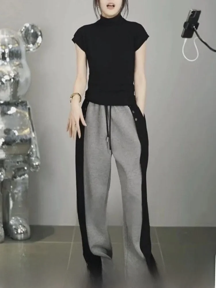 

Спортивные брюки с высокой талией и широкими штанинами, повседневные брюки с цветовыми блоками для фигуры типа «груша», удобные брюки прямого кроя