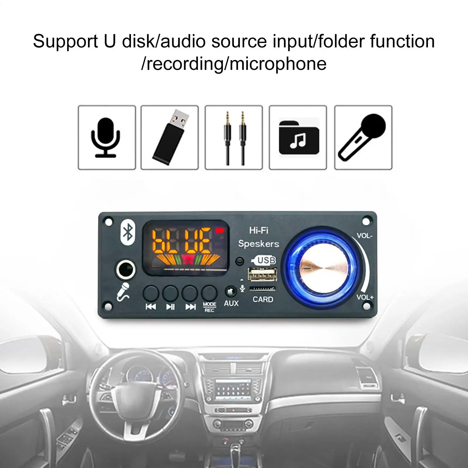 12V Blue&tooth MP3 Decoders Board 2x80W Amplifier Chip with Digital Display USB Recording Function RV Truck Audio System Upgrade