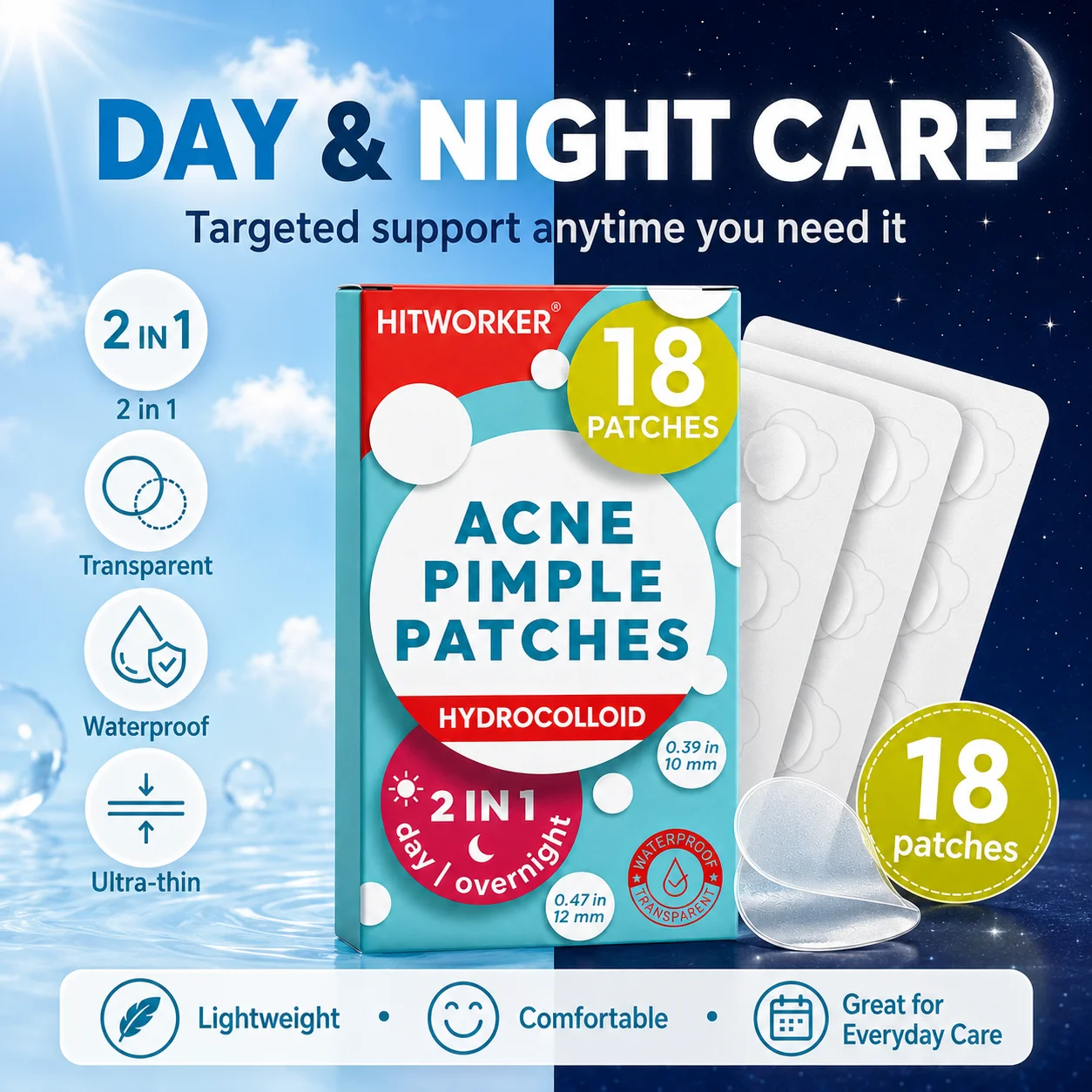 18Pcs Hydrocolloid Acne Pimple Patches, Invisible Blemish Spot Cover Stickers, Portable Facial Skin Care Zit Patches for Daily U