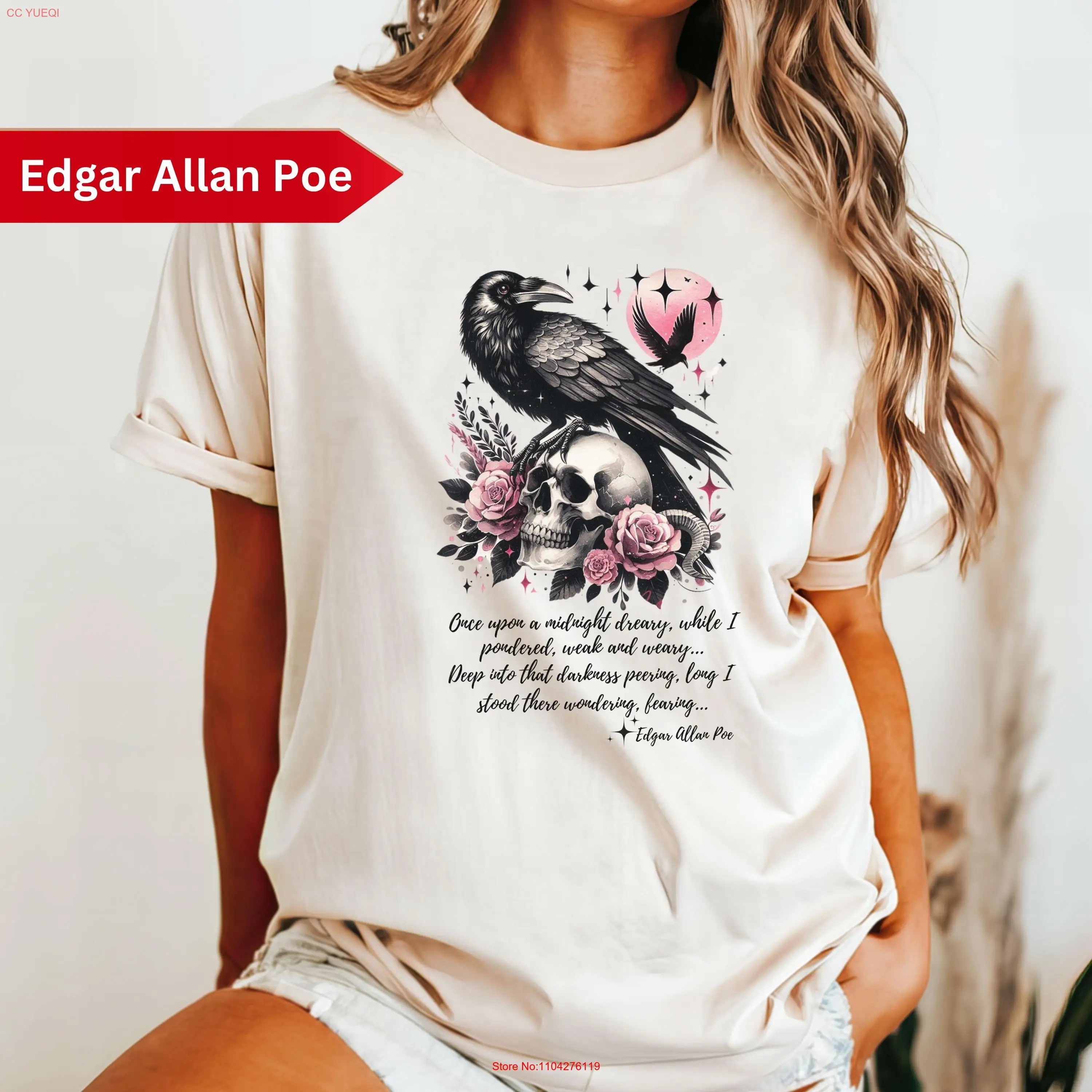 Camiseta The Raven by Edgar Allan Poe, colores cómodos, poesía, tela blanca, gótico, bohemio, cuervo, Goblincore, mangas largas o cortas