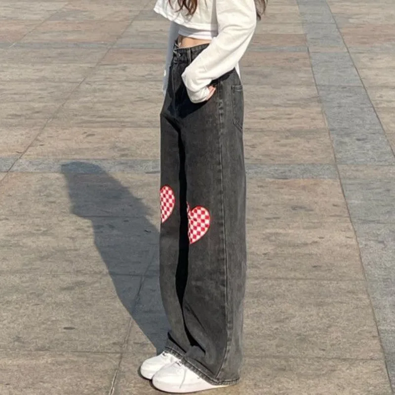 Y2k Heart Checkerboard Jeans Women Straight Leg Loose High Waist Demin Pants Korean Fashion Casual Trousers Clothes Outwear New