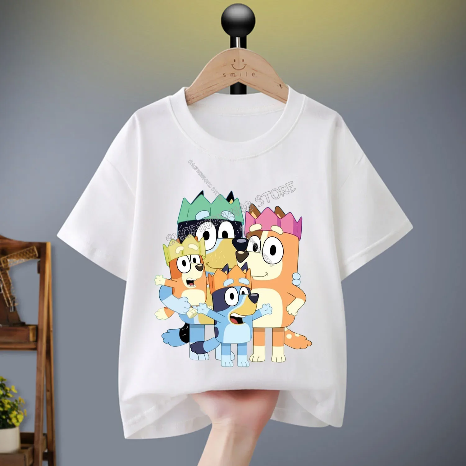 Blueyi Bingos Kids T-shirt Cartoon Character Print Crew Neck Pullover Boys Girls Summer Casual Tops Cute Kawaii Loose Clothing