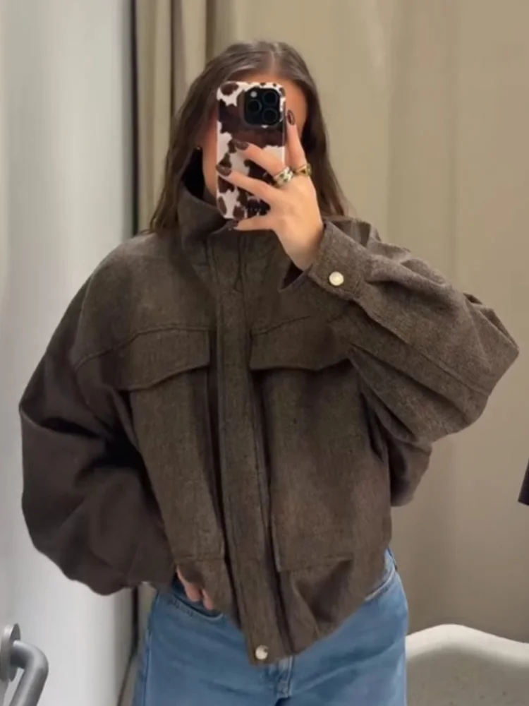 

HH Women's Winter New Casual Stand Collar Long Sleeve Coat Female Fashion Versatile Zipper Pocket Decoration Puffy Pilot Jacket