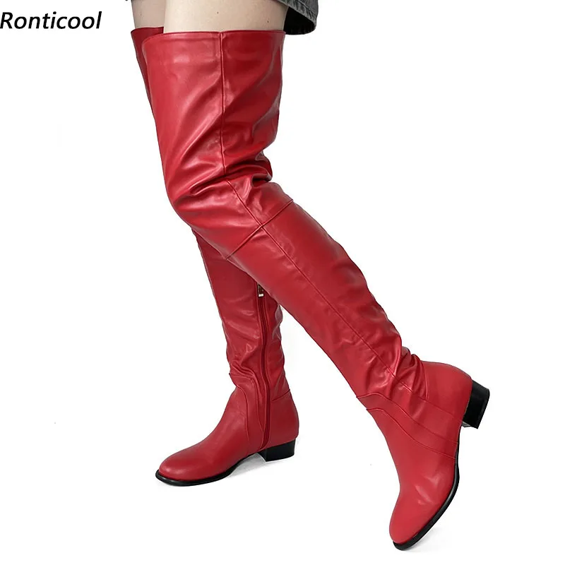 

Ronticool/Новые женские зимние сапоги до бедра с боковой молнией на плоской подошве с круглым носком, красные вечерние туфли, размер США, большие размеры 5-20