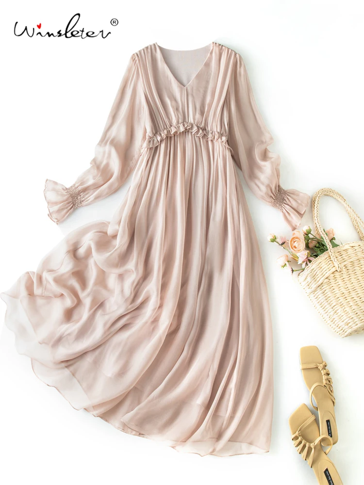 Winsleter-100% Silk Elegant Dress, Puff Sleeve V Neck Ruffles, Women French Beach Vacation Chic Dresses, 2026 Spring D61072CC