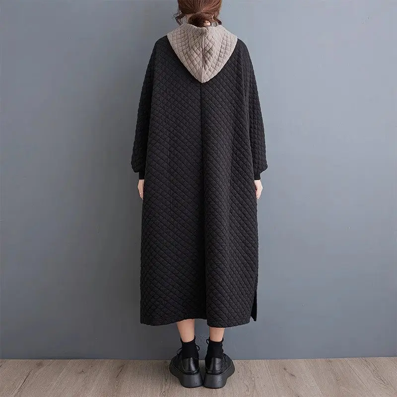 Large Size Women\'s Warm Dress 2023 Autumn/Winter New Fashion Cotton Quilted Sweatshirt Casual Hooded Dress Pullover Robe Z3690