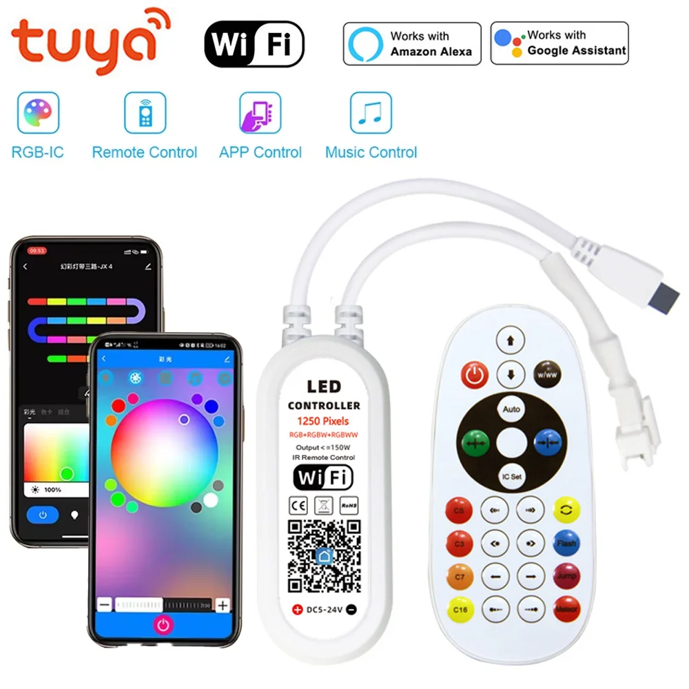 

Tuya Wi-Fi WS2811 WS2812B RGBIC светодиодный контроллер DC5V-24V приложение музыкальный Bluetooth пульт дистанционного управления 1250 пикселей Smart Life для Alexa Google