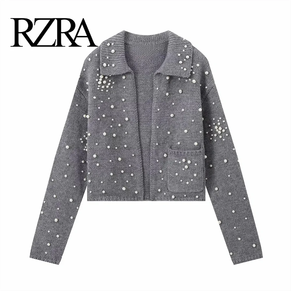 RZRA women's autumn and winter new item gray lapel with artificial pearl decoration knitted cardigan sweater jacket