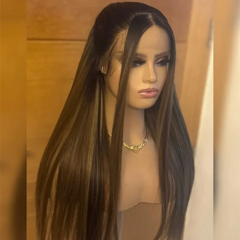 

Women's Wig Ombre Brown Blonde Highlights Synthetic Lace Front Wigs Top Swiss HD Transparent Lace 24 Inch Soft Long Straight Wig