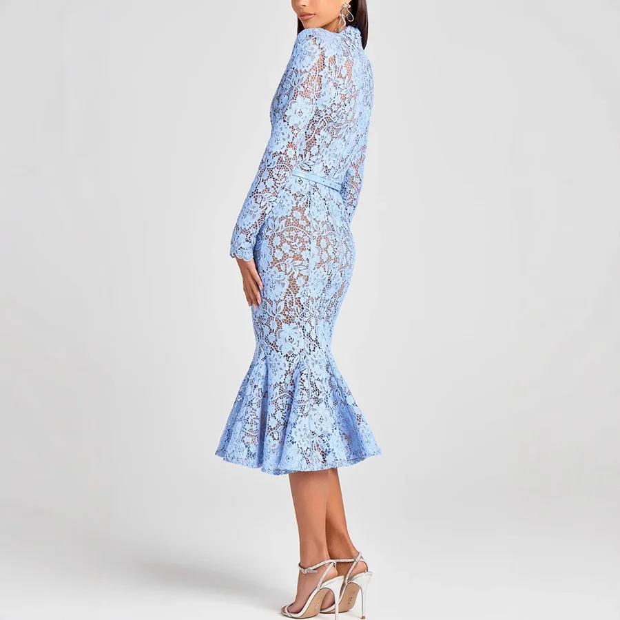 Mermaid Dress for Women Sexy Lace Floral Overlay Fishtail Dress Evening Cocktail Wedding Guest Party Bodycon Dress with Belt