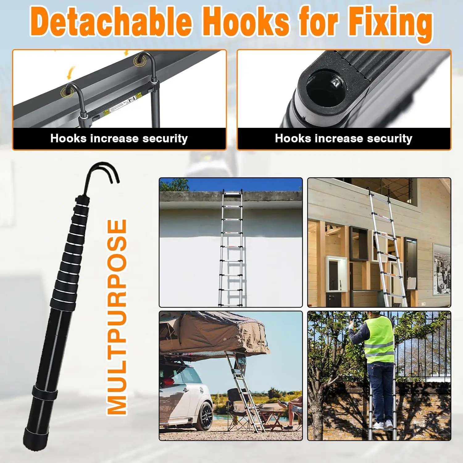 Multi-Purpose Telescopic Ladder w/Removable Hook ，Aluminium Folding Ladder Non-Slip Extendable Step Ladder Load 150 kg