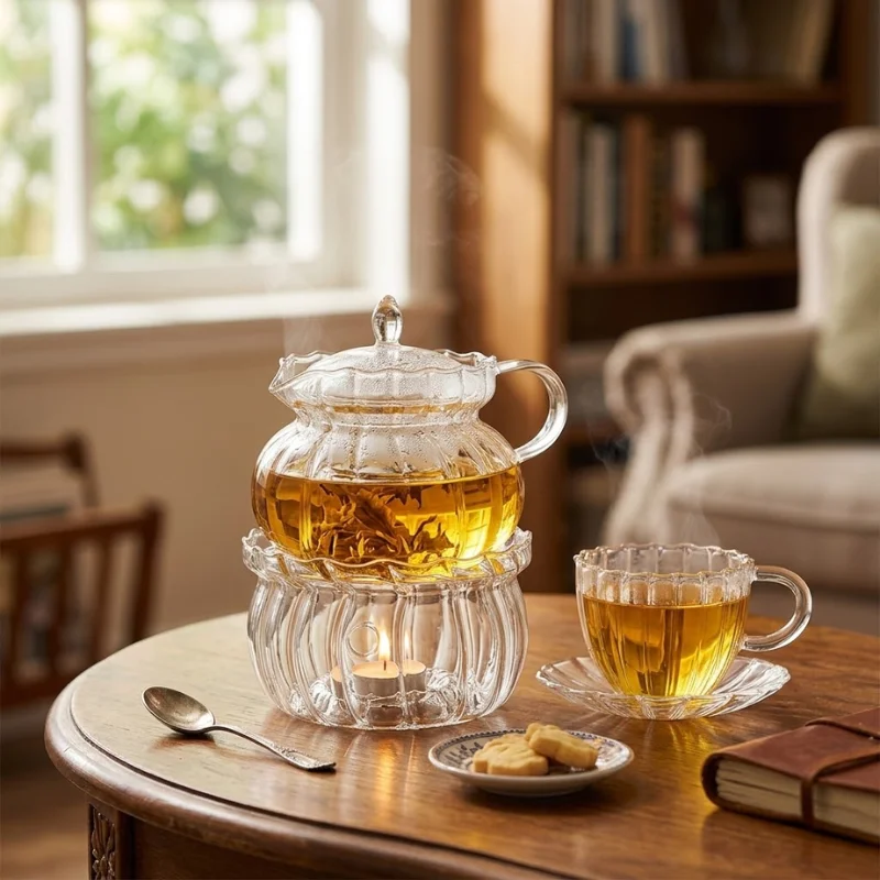 Complete Glass Tea Set – Teapot (13 oz), Loose Tea Infuser, 1 Insulated Teacups with Candlelight – Elegant Blooming Tea Gif