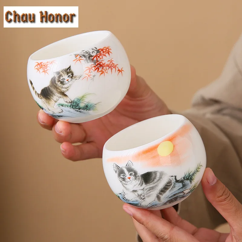 1 Pc Chinese Suede Jade White Porcelain Tea Cup Cute Cat Arhat Teacup Pu'er Master Cup Tea Bowl Meditation Cup Mug Tea Set 145ml