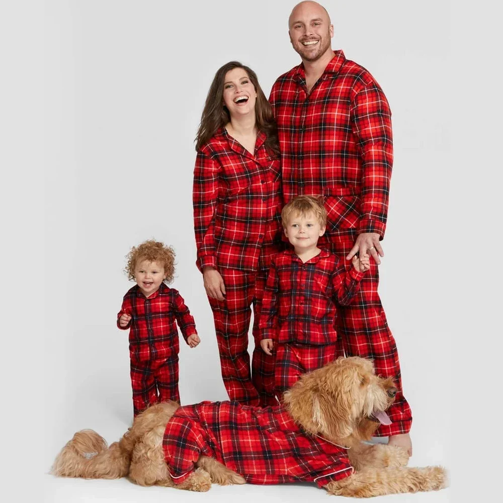 Ensemble pyjama de Noël : chemise imprimée à carreaux rouges + pantalon long, ensemble 2 pièces, combinaison bébé et chien pour Noël