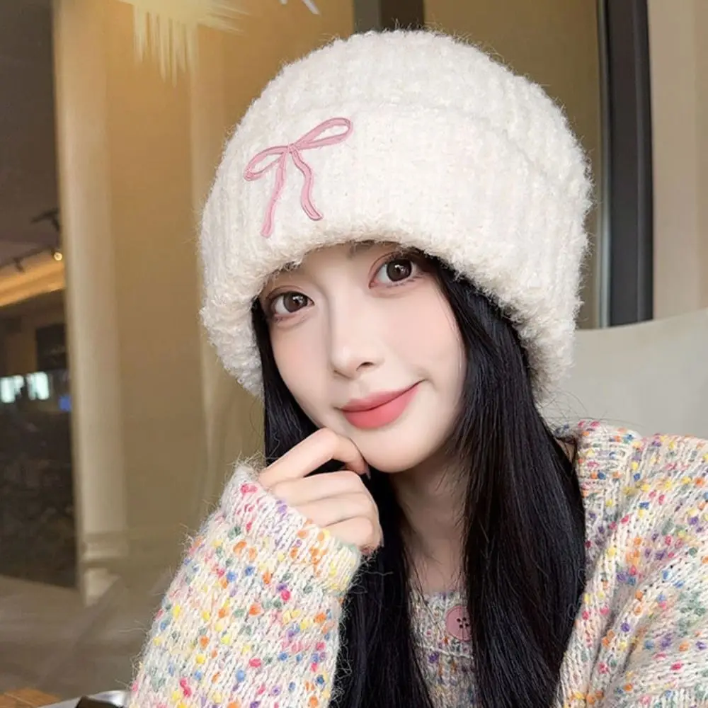 Cute Solid Color Bow Knitted Hat Wool Hat Warm Cap Crochet Basin Cap Jennie Style Korean Knit Beanie Outdoor