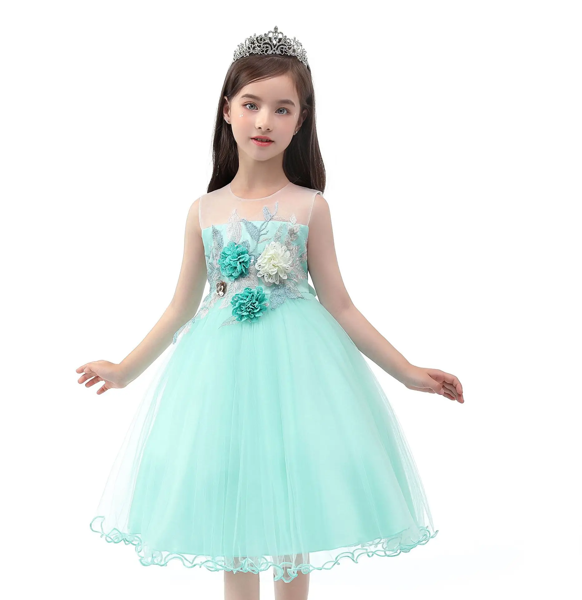 

Boutique Lace Groove Dress Girls Dress Three-Dimensional Mesh Flower Decoration Bow Children's Festival Party Princess Dress Top