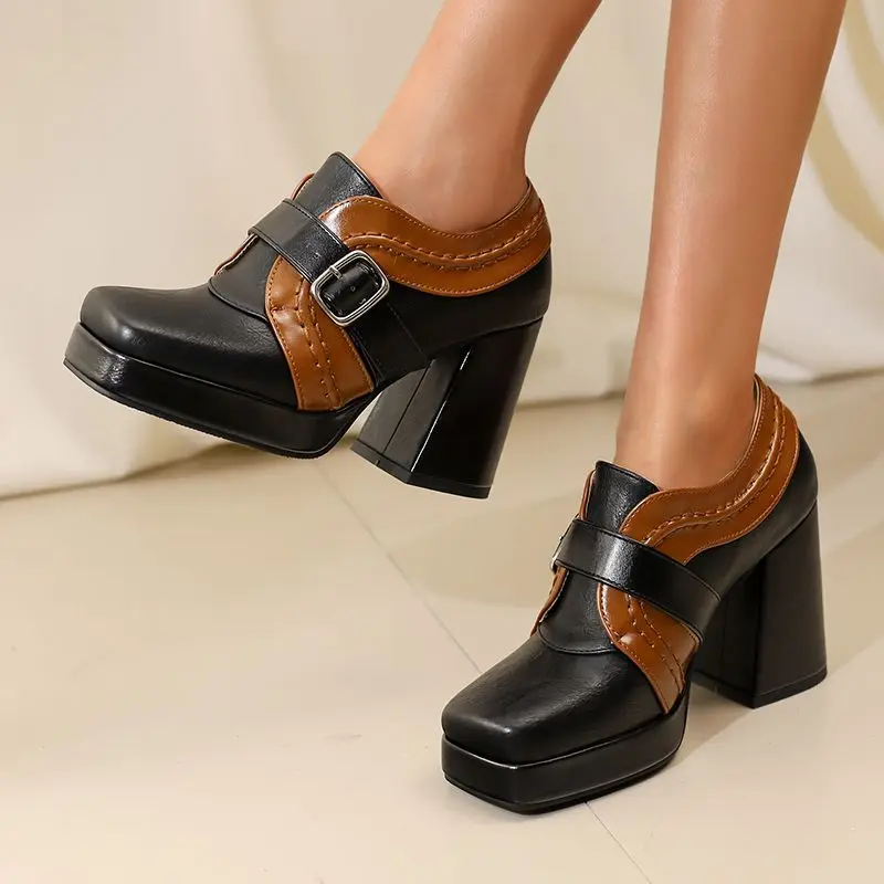 

REAVE CAT Брендовые винтажные женские туфли-лодочки с квадратным носком на высоком каблуке 9,5 см, платформа 2 см, пряжка ремня, разноцветные, большой размер 46 47 48 17