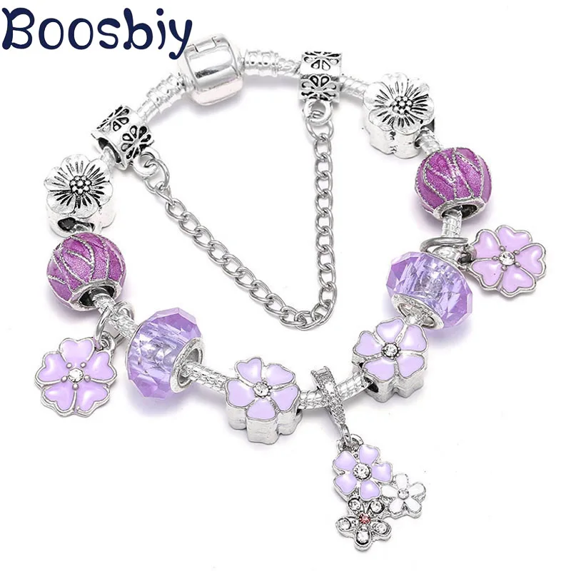 Boosbiy Purple Flower Beads With Pendant Snake Chain DIY Brand Charm Bracelet For Women Jewelry Gift New Desgin