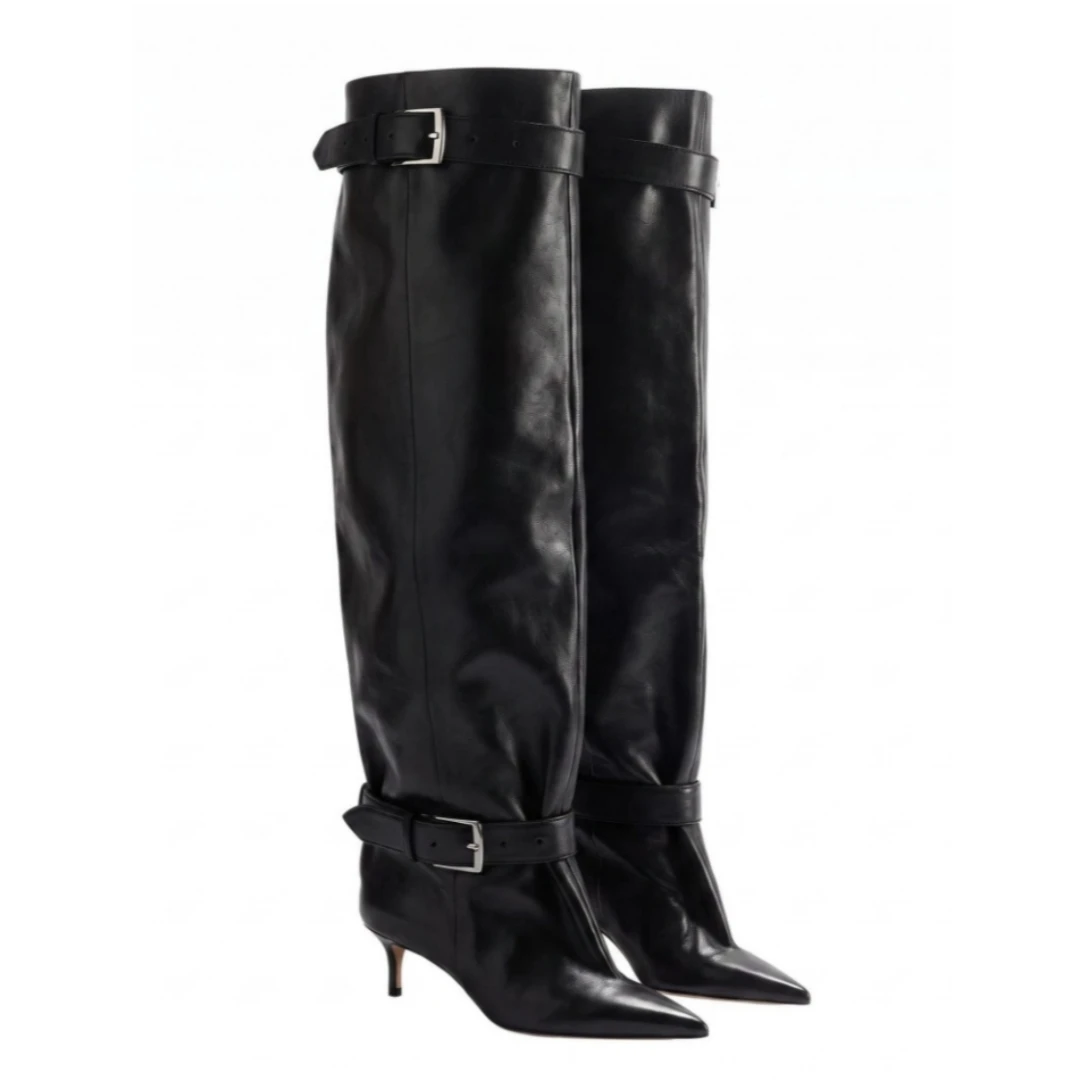 Women’s Ruched Soft Leather Over‑Knee Boots Pointed Toe Kitten Heel Double Buckle Accent Slouchy Tall Evening Dress Shoes
