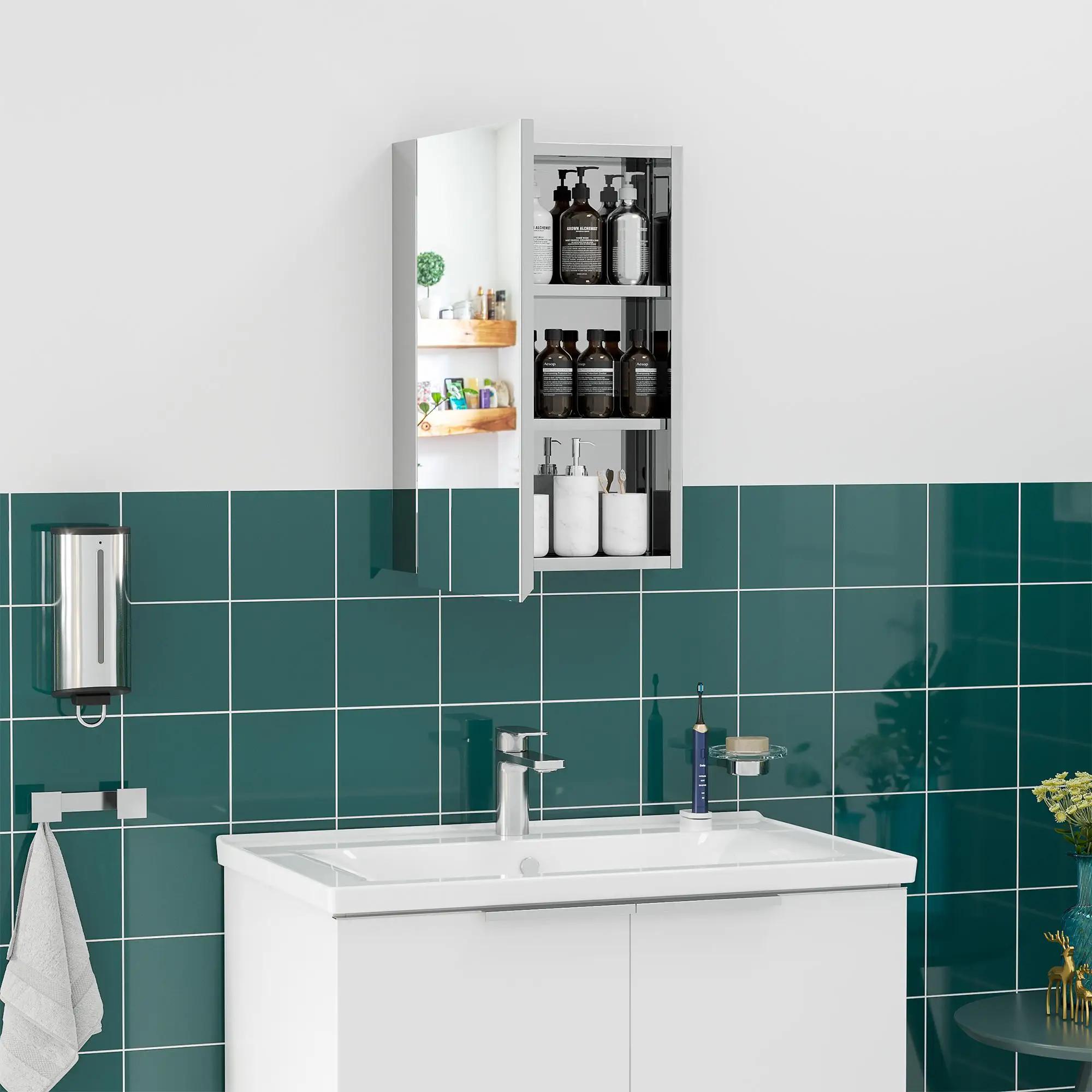 Mueble con espejo de acero inoxidable con 3 estantes y ventilador manual 39x12x60cm Ahorra espacio Plateado