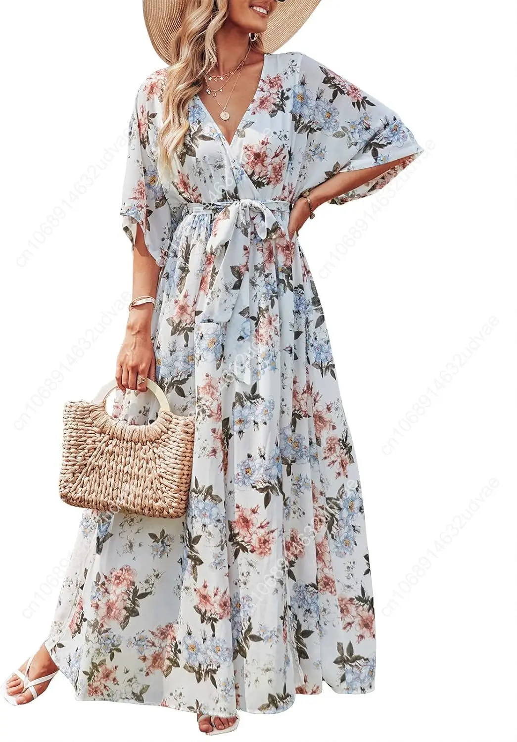 

Women’s Summer Loose Boho Flowy Wrap V Neck 3/4 Sleeve Floral Print Slit Beach Wedding Guest Long Maxi Dresses