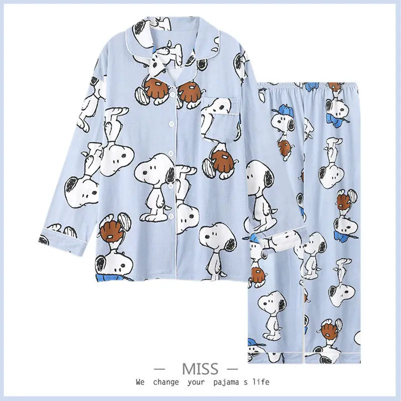 2Pcs Anime Peanuts Snoopy Women Pajamas Set Fashion Loungewear Cartoon Print Loose Lapel Collar Long Sleeve Pajama Pants Gift