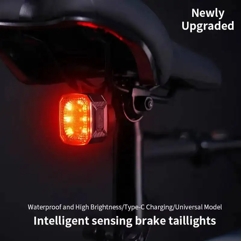 1pc Smart Bicycle Brake Light IPx6 Taillight Type-C Bike Tail Rear Light Auto Stop LED Riding Warning Safety Cycling Light