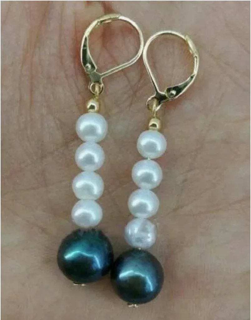 WHITE BLACK south sea PEARLS EARRINGS 14K GOLD clasp 6-10 mm