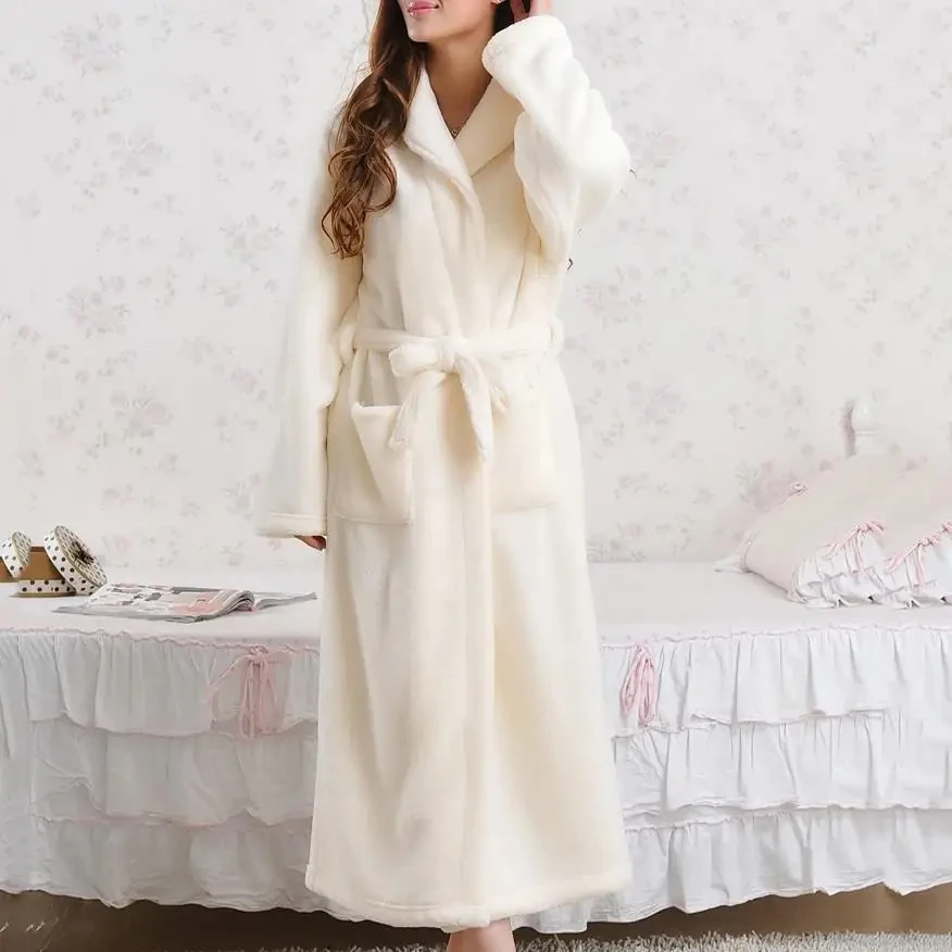 Autumn Winter Kimono Bathrobe Gown Coral Fleece Sleepwear Long Robe Loose Nightwear Thick Warm Home Dress Flannel Loungewear