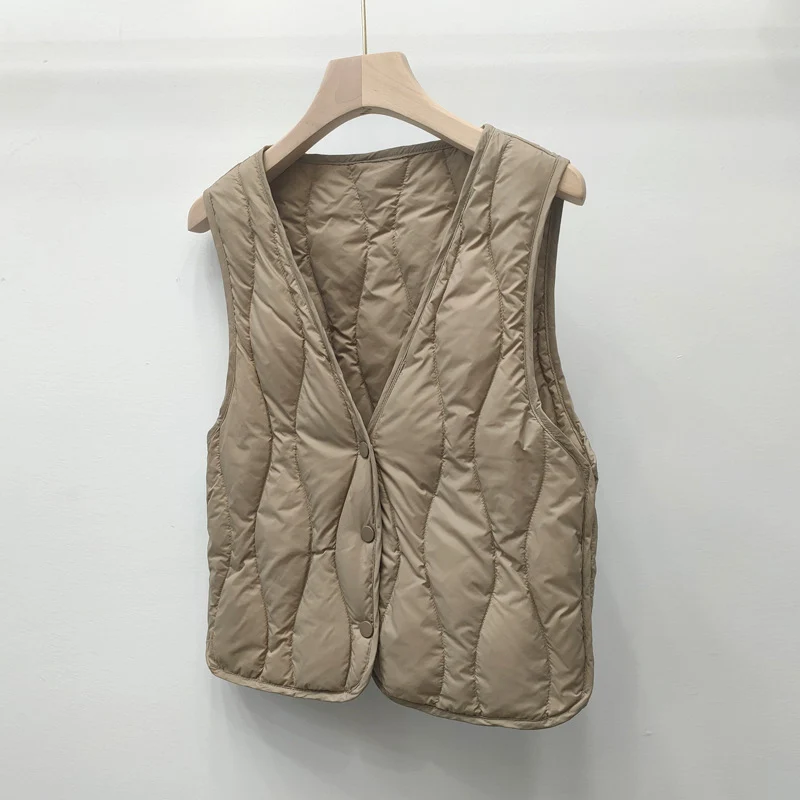 Schinteon เสื้อกั๊กขนเป็ดสีขาวน้ำหนักเบามากสำหรับผู้หญิงแจ็คเก็ตแขนกุดคอวีคอปกเสื้อซับในแฟชั่นฤดูใบไม้ร่วงฤดูหนาว2023ใหม่